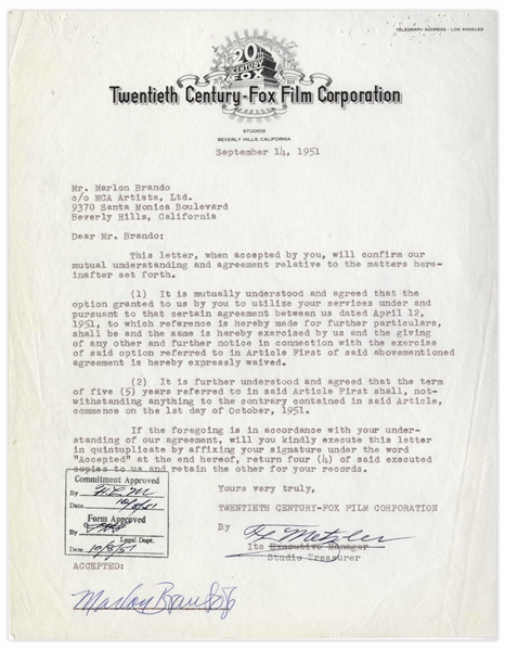 Marlon Brando Signed Agreement with 20th Century Fox From 1951